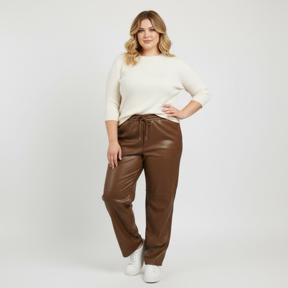 Women's Brown Faux‎ Leather Trousers Drawstring Lounge Pants Gartered Waist